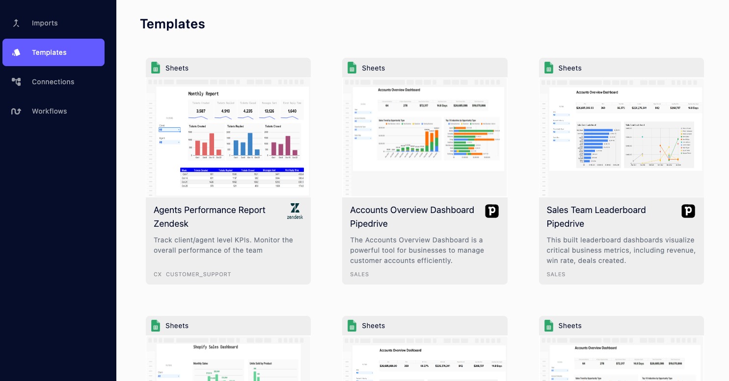 The home screen for the Templates section of Automated Data Connector.