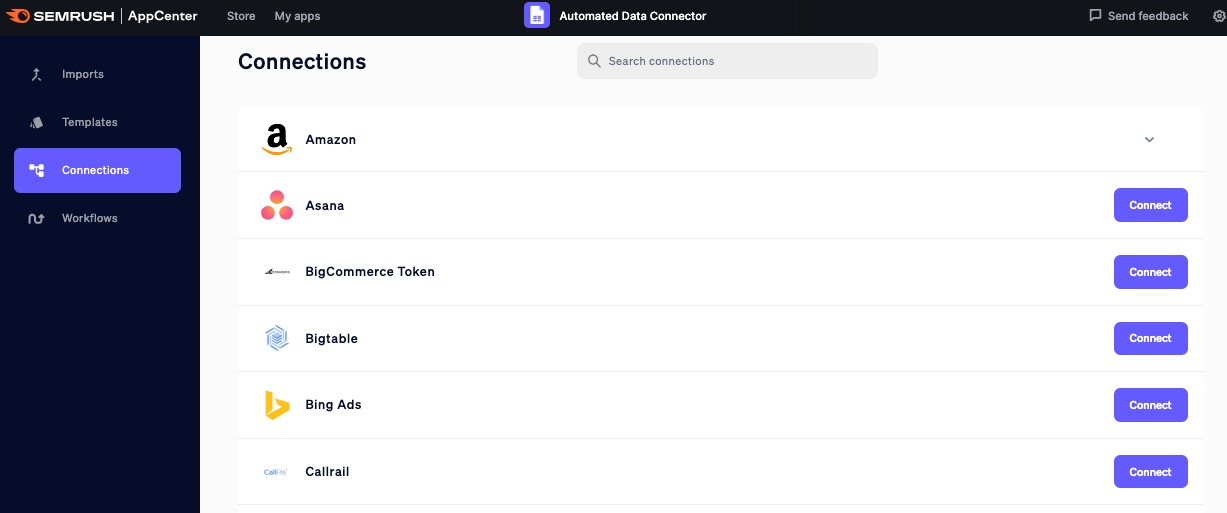 The home screen for the Connections section of Automated Data Connector.