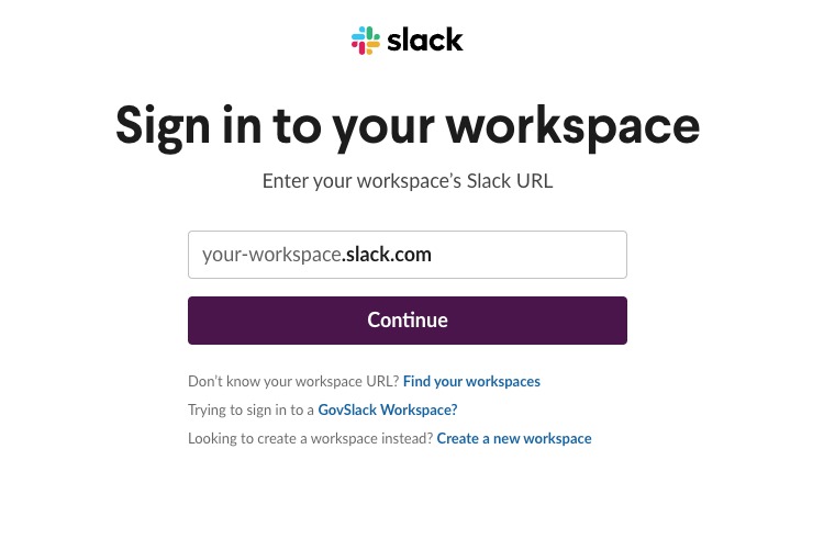 Signing into your Slack workspace via Automated Data Connector.