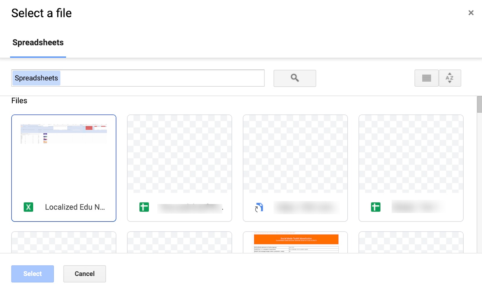 Screen during the spreadsheet selection process in Automated Data Connector.