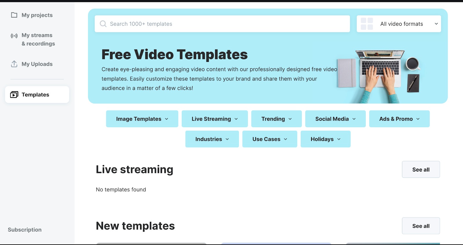 Exploring Video Marketing Platform's free video templates for live streaming.