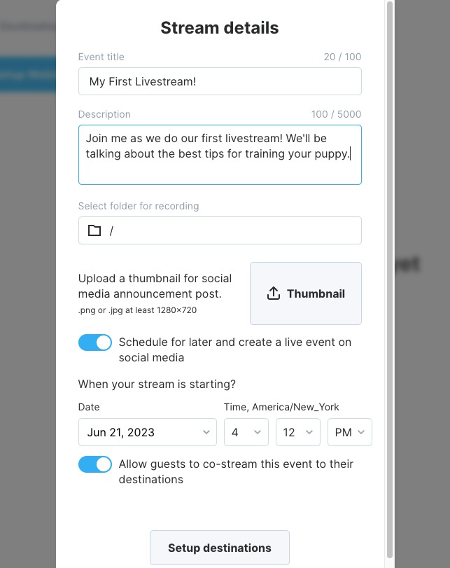 Writing stream details in the Video Marketing Platform app for a livestream.