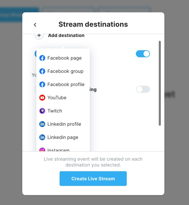 Adding stream destinations in the Video Marketing App app for a live stream.