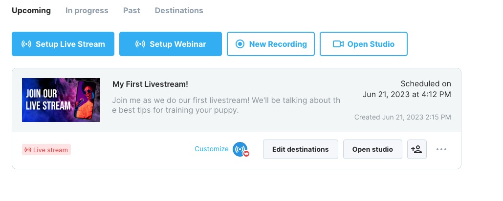 Previewing upcoming live streams in the Video Marketing Platform app.