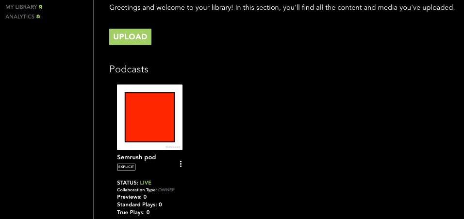 An example of the home screen of the Podcast Hosting app with a demo episode uploaded.