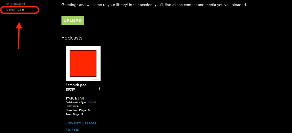 How to access the analytics tab from the left-hand side of the library screen.
