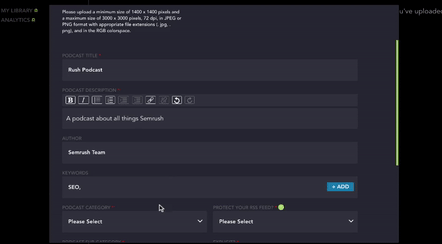 How to add keywords to your podcast setup. There is a blue “+Add” button to the right. 