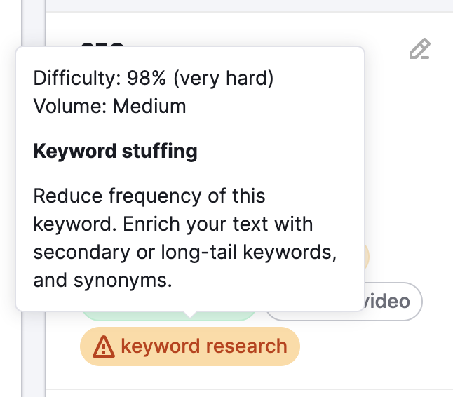 Sinal de advertência em uma palavra-chave se ela for usada com muita frequência no texto.