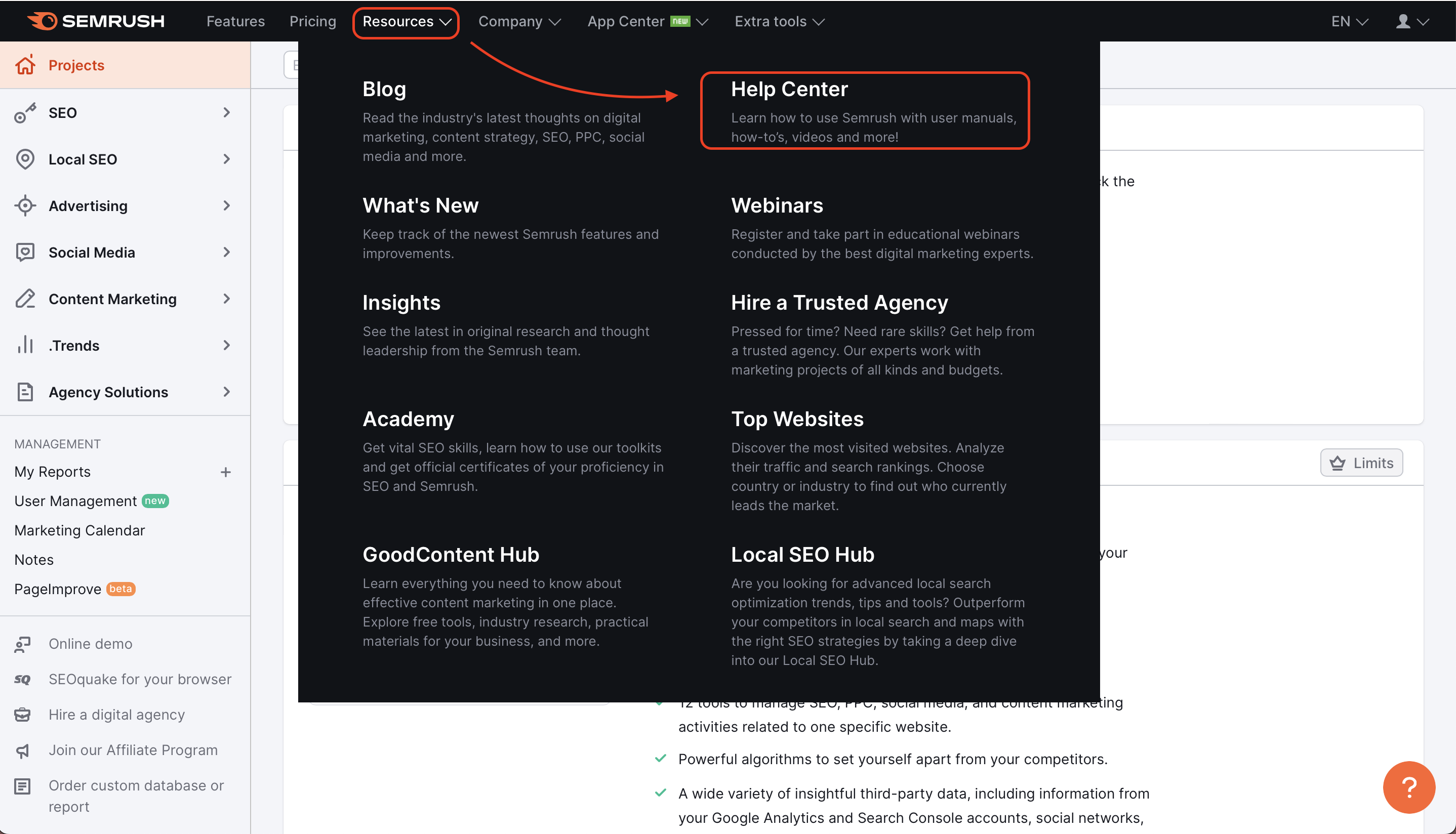 This screenshot shows how to navigate to Help Center via 'Resources' at top of the page.