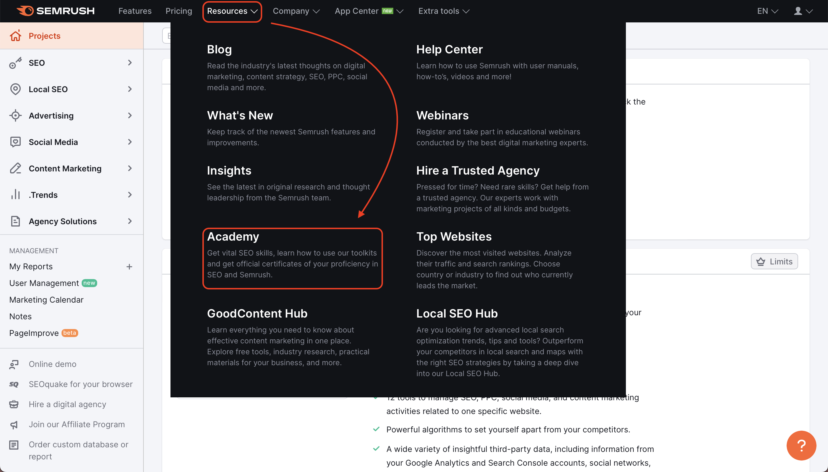 This screenshot shows how to navigate to Academy via 'Resources' at top of the page.