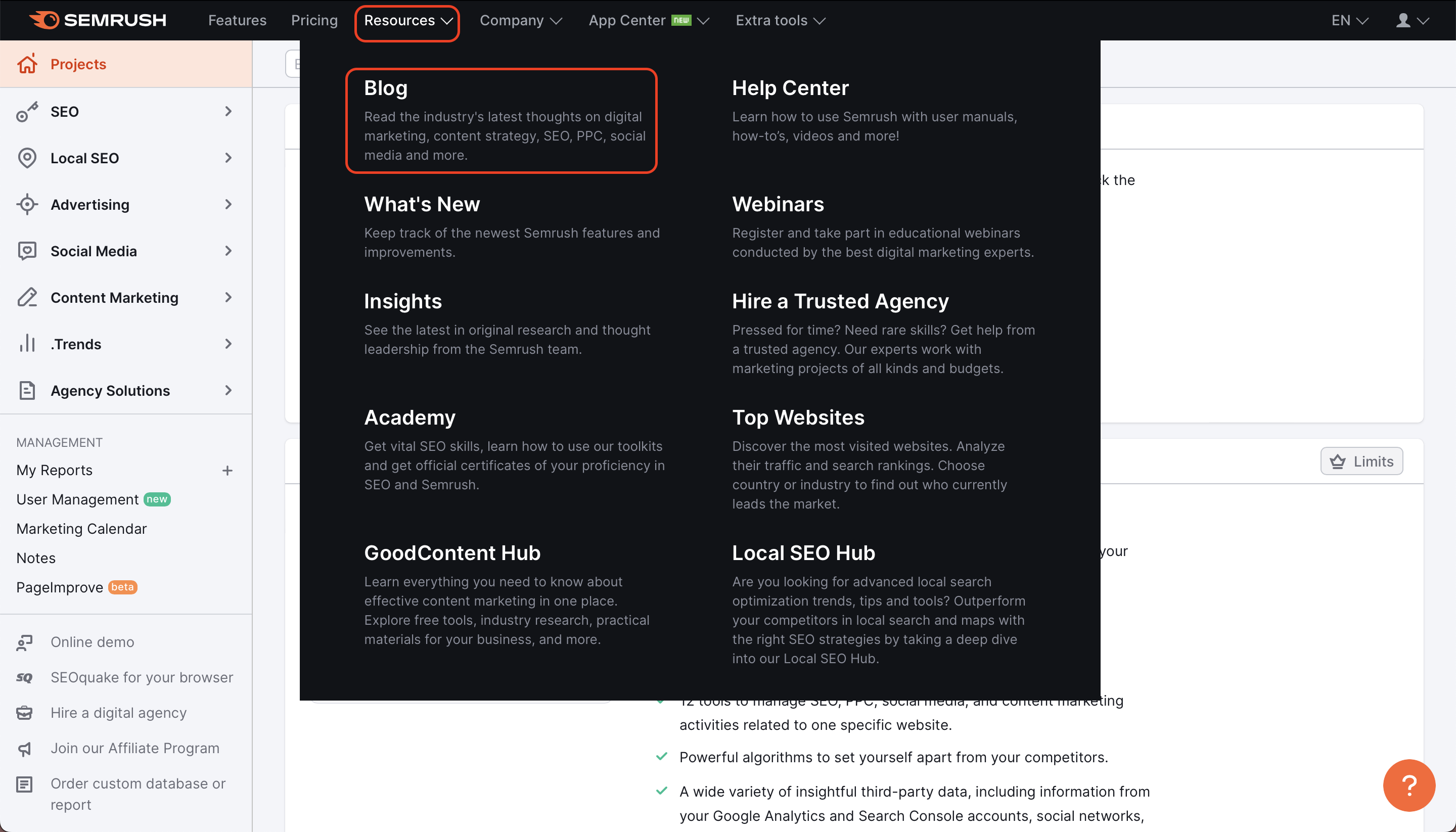 This screenshot shows how to navigate to Blog via 'Resources' at top of the page.
