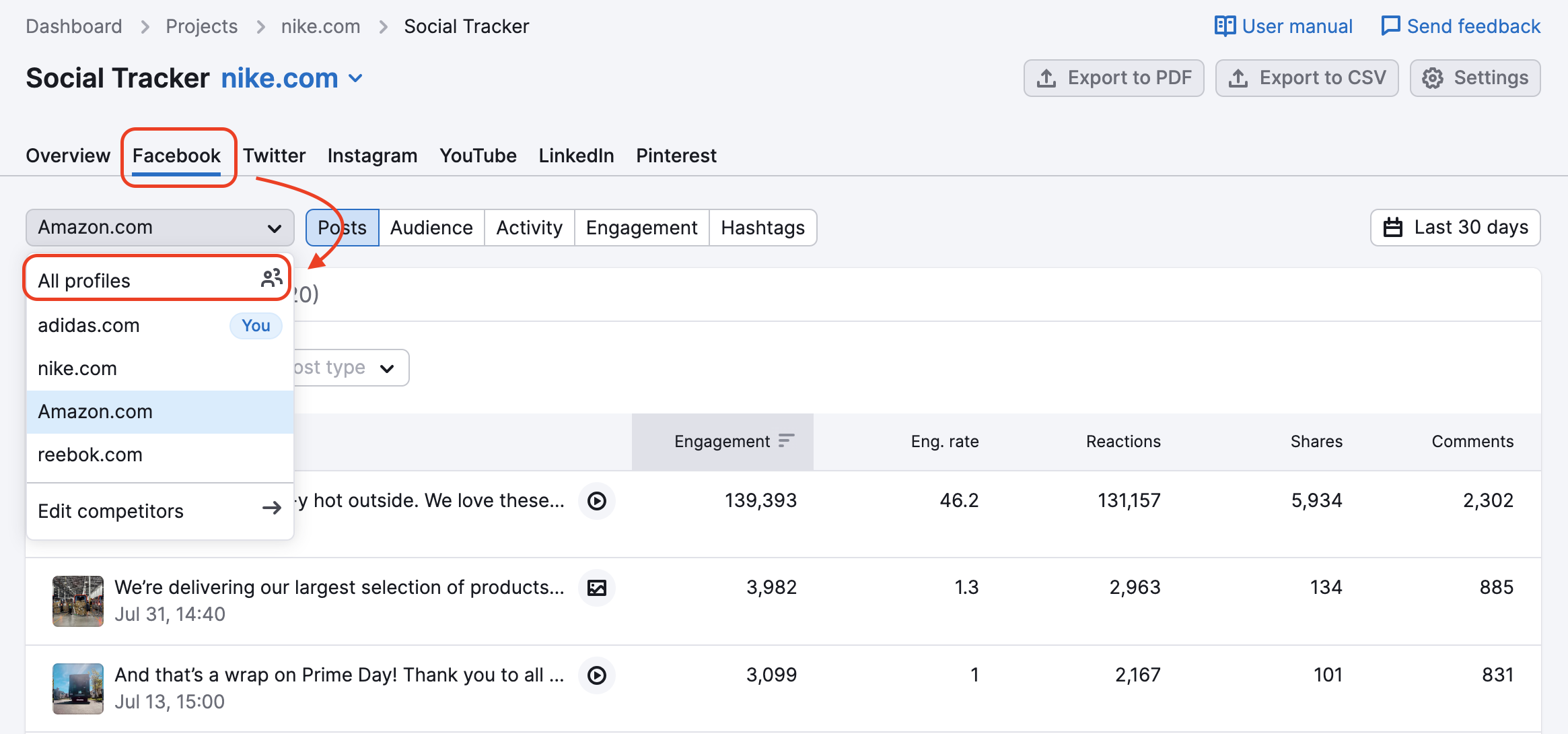 An example of the Social Tracker Facebook report with red rectangles highlighting the name of the report and the drop-down menu where you can select  the social profiles in the top-left corner of the report.  