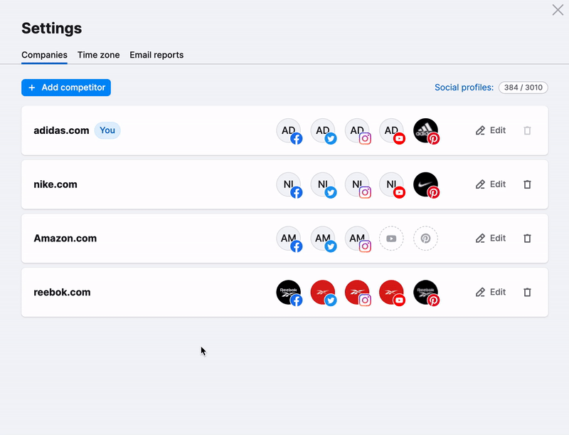 Social Tracker settings widget with an example how to add a missing account. 