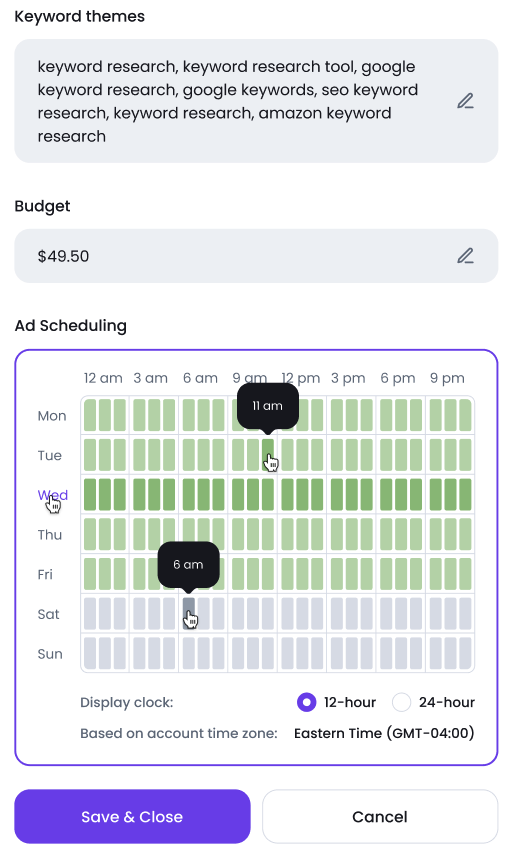 Ad schedule editing is flexible and can be customized per user's needs.