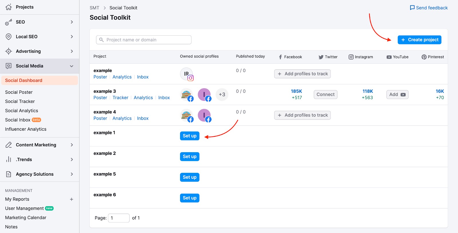 An example of Social Dashboard with red arrows pointing to the Set Up and Create project buttons. 