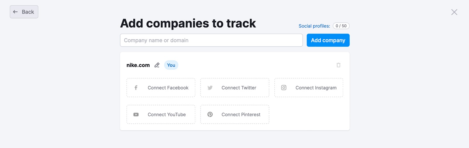Connecting social media accounts pop up window in Social Tracker.
