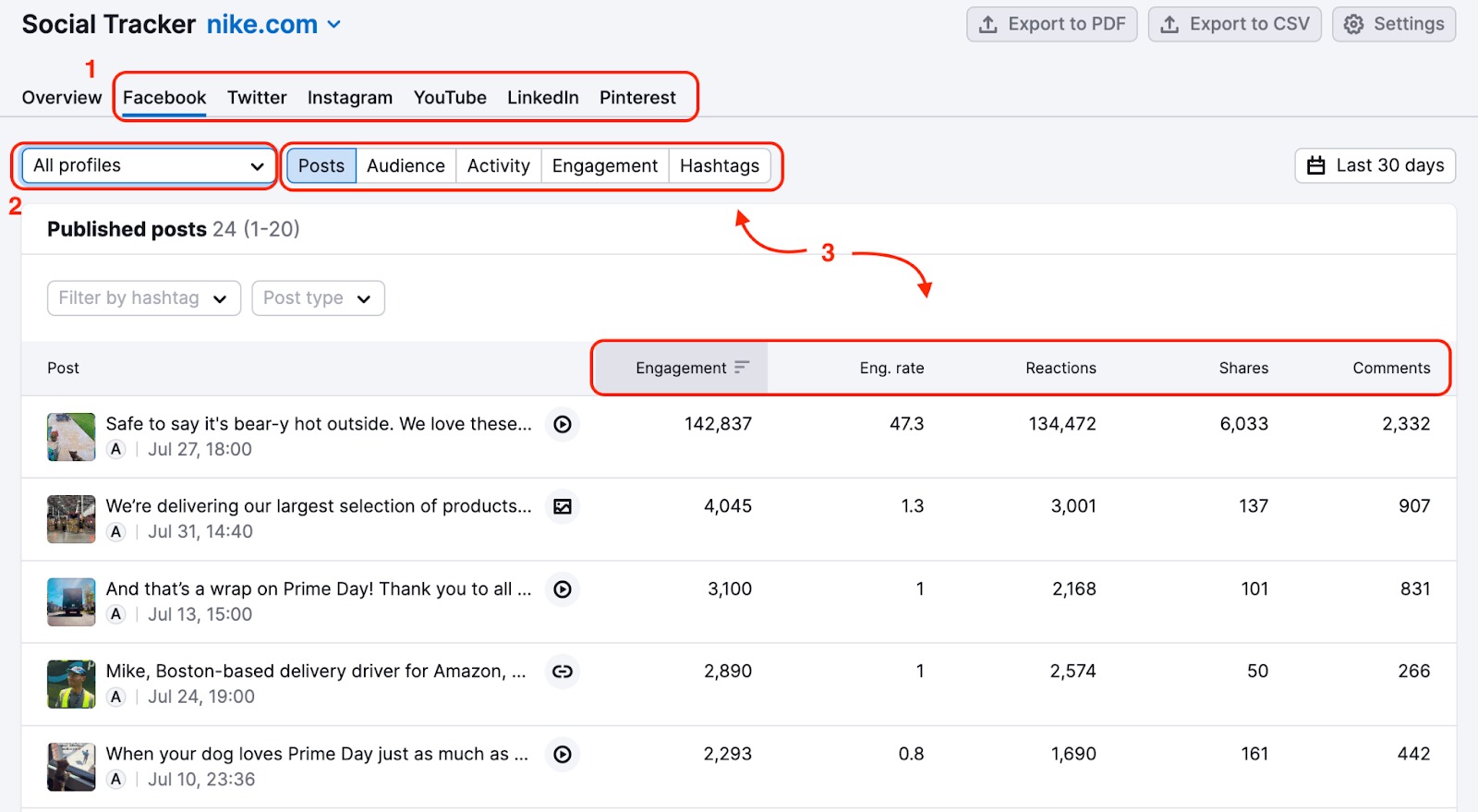 An example of the Facebook report in Social Tracker with red rectangles highlighting the names of the reports, the titles of tabs in the report and metrics in the Posts report.