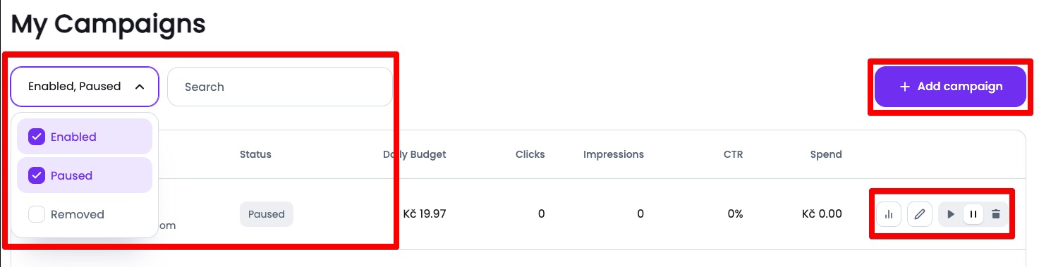 Main dashboard allows filtering campaigns, checking out report adding new ones, editing or checking out report for the existing ones.