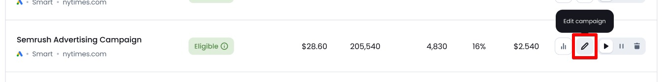Clicking the pencil icon near the campaign name will take you to the campaign editing page.