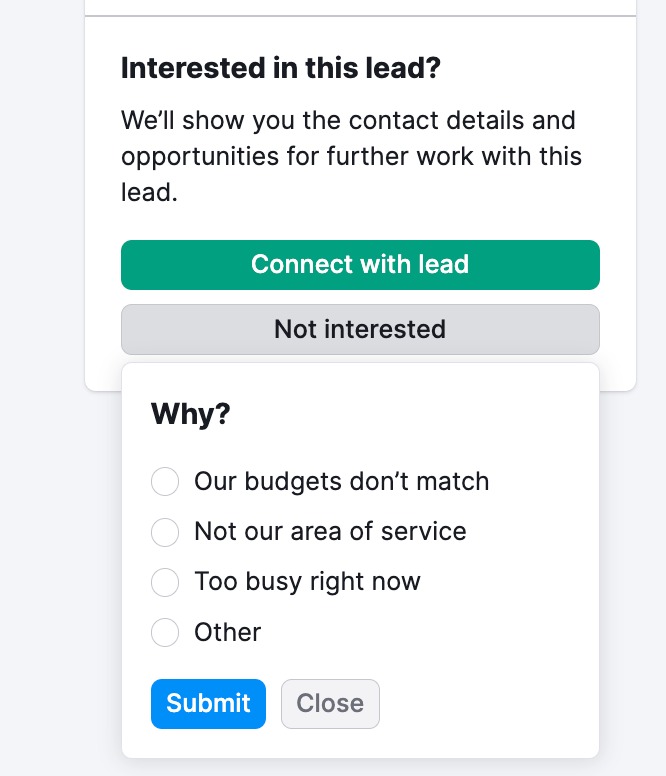 A drop-down menu with reasons to reject a lead that appears after clicking the Not interested button. 