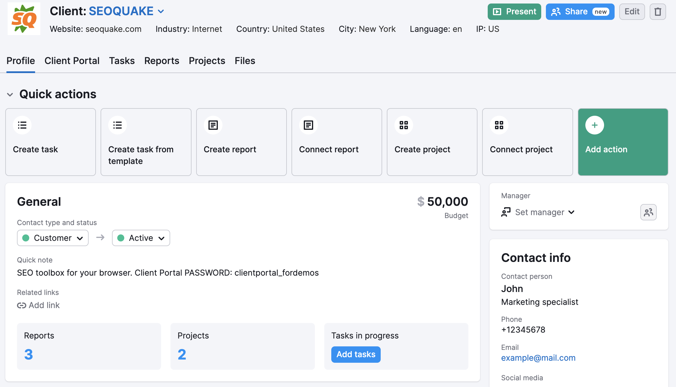 The Client Profile within the CRM tool. Here there is general information such as contact type and status, number of reports and projects, the client budget, and contact information. 