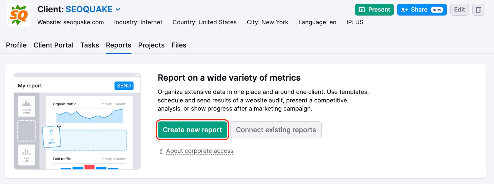 An example of the Reports tab in CRM with a red rectangle highlighting the Create new report green button. 