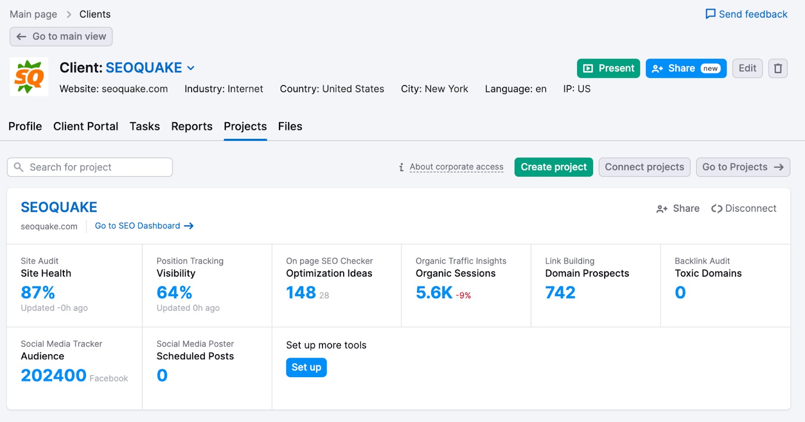 An example of the Projects tab in CRM with data pulled from Semrush tools. 