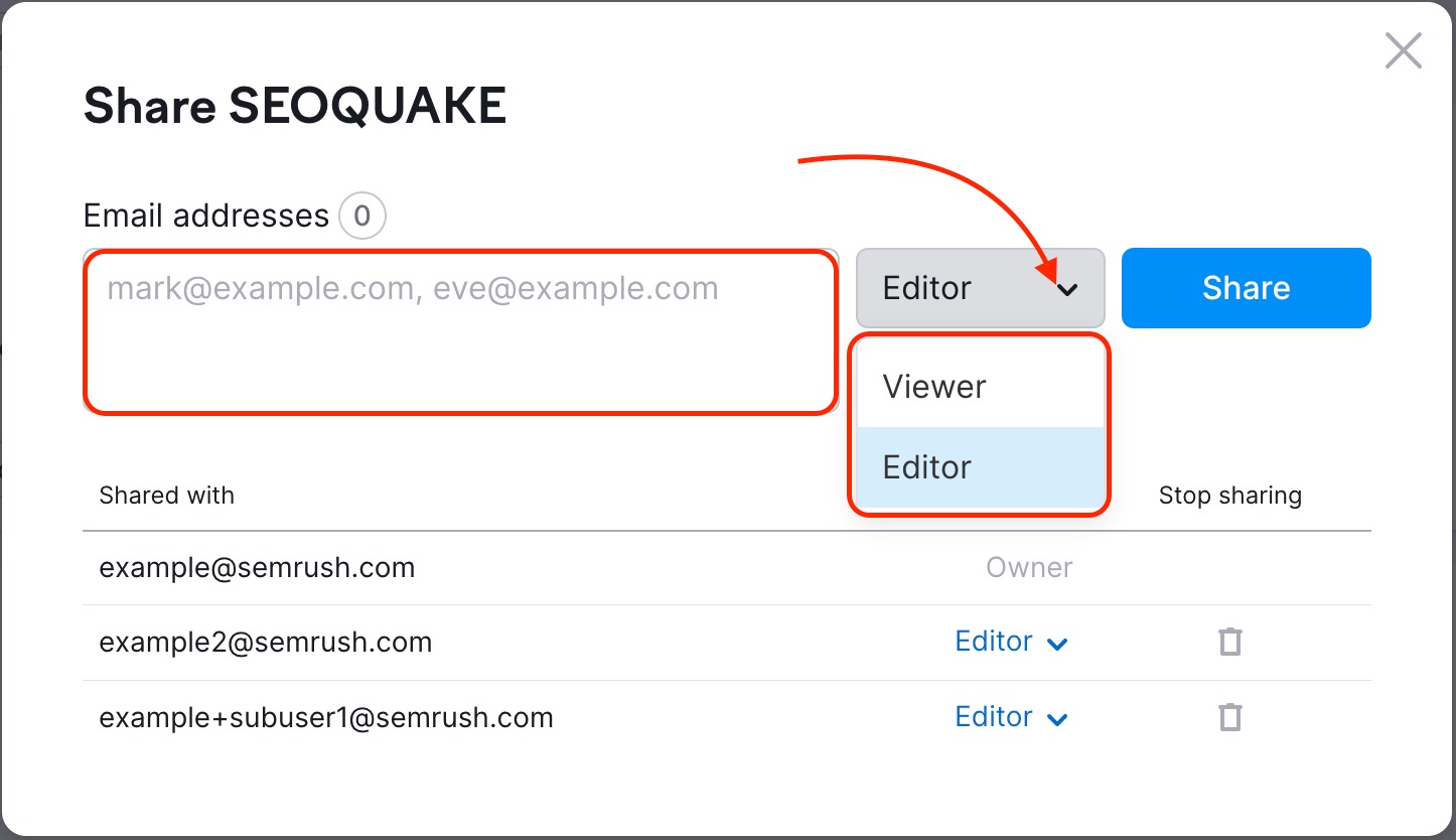 An example of the Share menu with red rectangles highlighting the box where you can add email addresses and the drop-down with the permissions of Viewer and Editor.