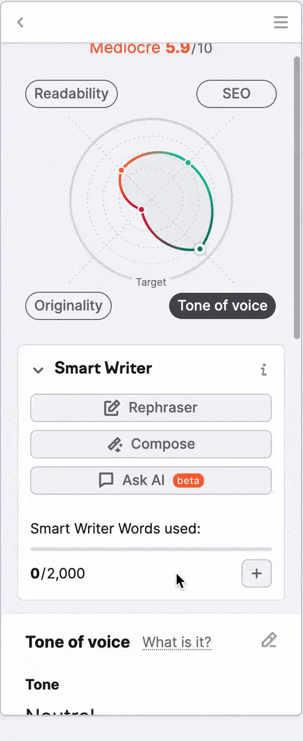 An example of the Tone of Voice section in SEO Writing Assistant. 