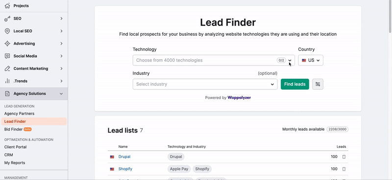 Demonstration of how to create a list of leads.
