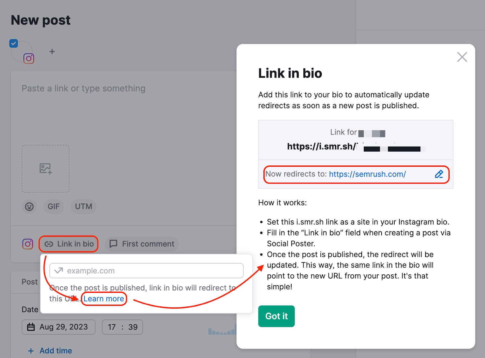 An example of the post editor in Social Poster which shows how to edit a link for the Lin in bio feature. Red rectangles are highlighting the Link in bio button, Learn more button and the field in the pop-up window where you need to add a URL.