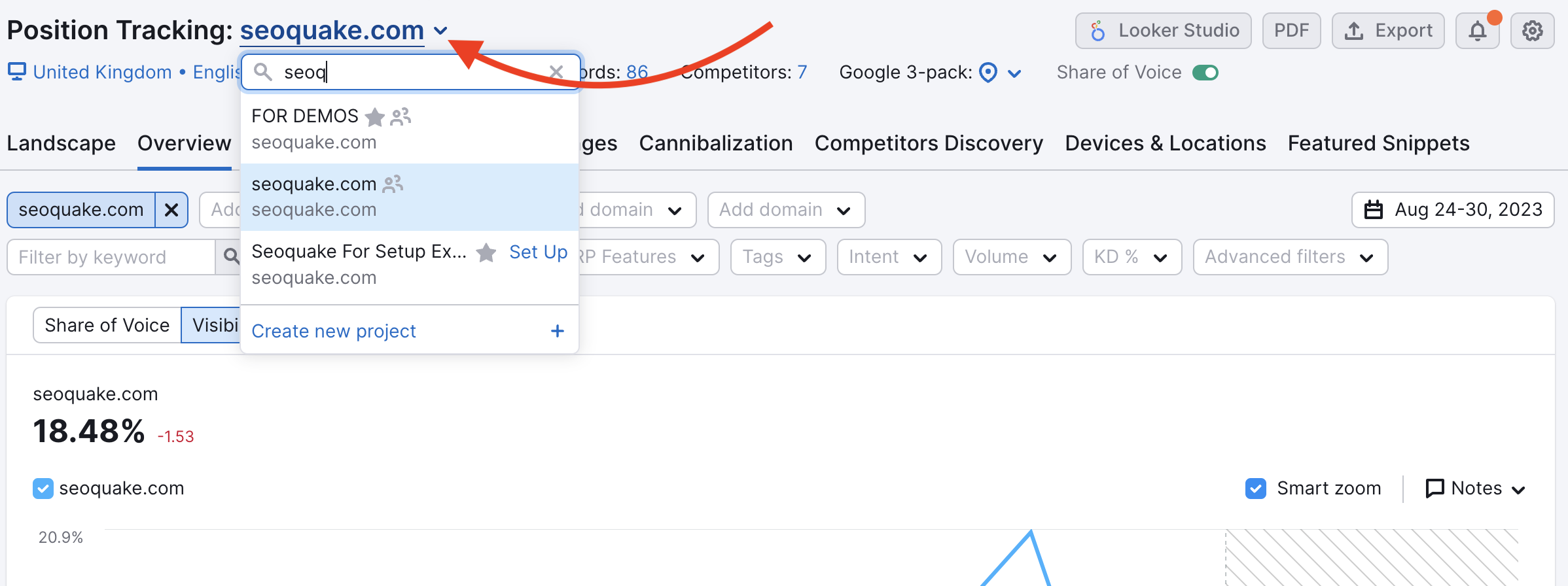 Selecting other projects in Position Tracking. 