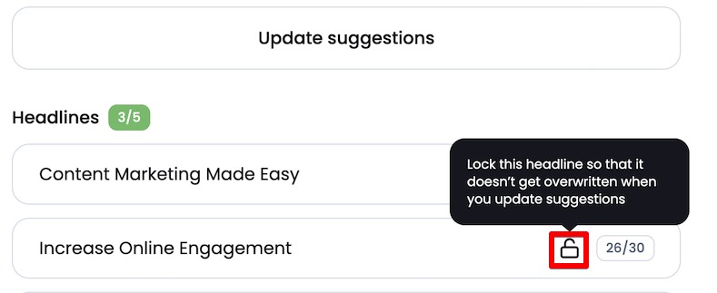 If you'd like to keep a suggestion and re-generate the rest, it can be done by clicking on the lock symbol near it.