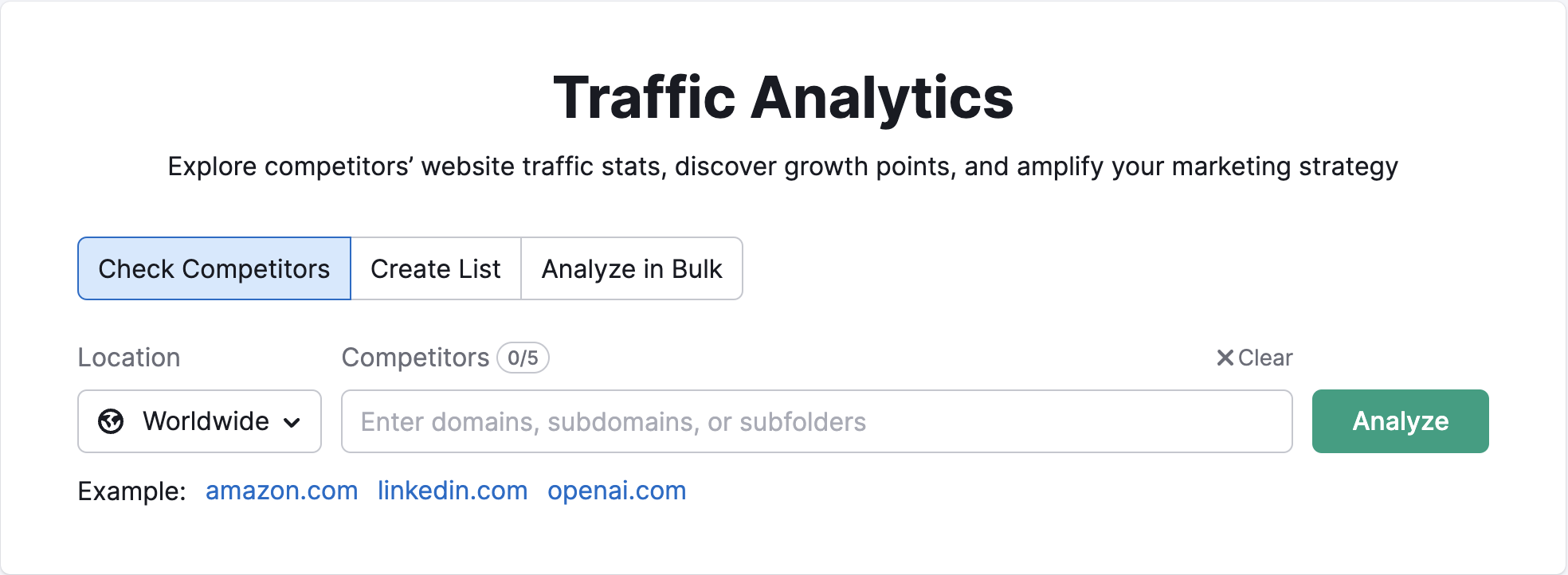 Traffic Analytics starting page in Semrush. Showing where to type in the competitor domain and select location. 