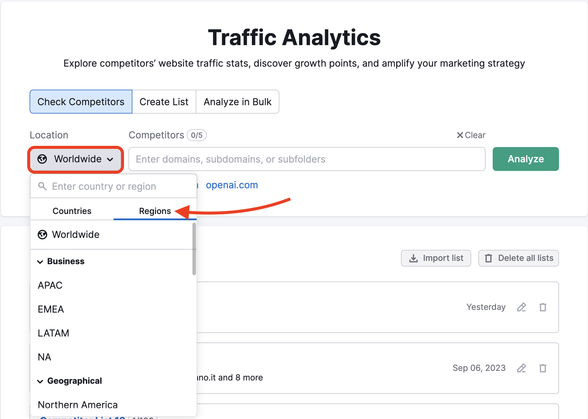 Traffic Analytics starting page with the Location drop down menu highlighted in a red rectangle. A red arrow points to the 'regions' section showing business and geographical regions. 