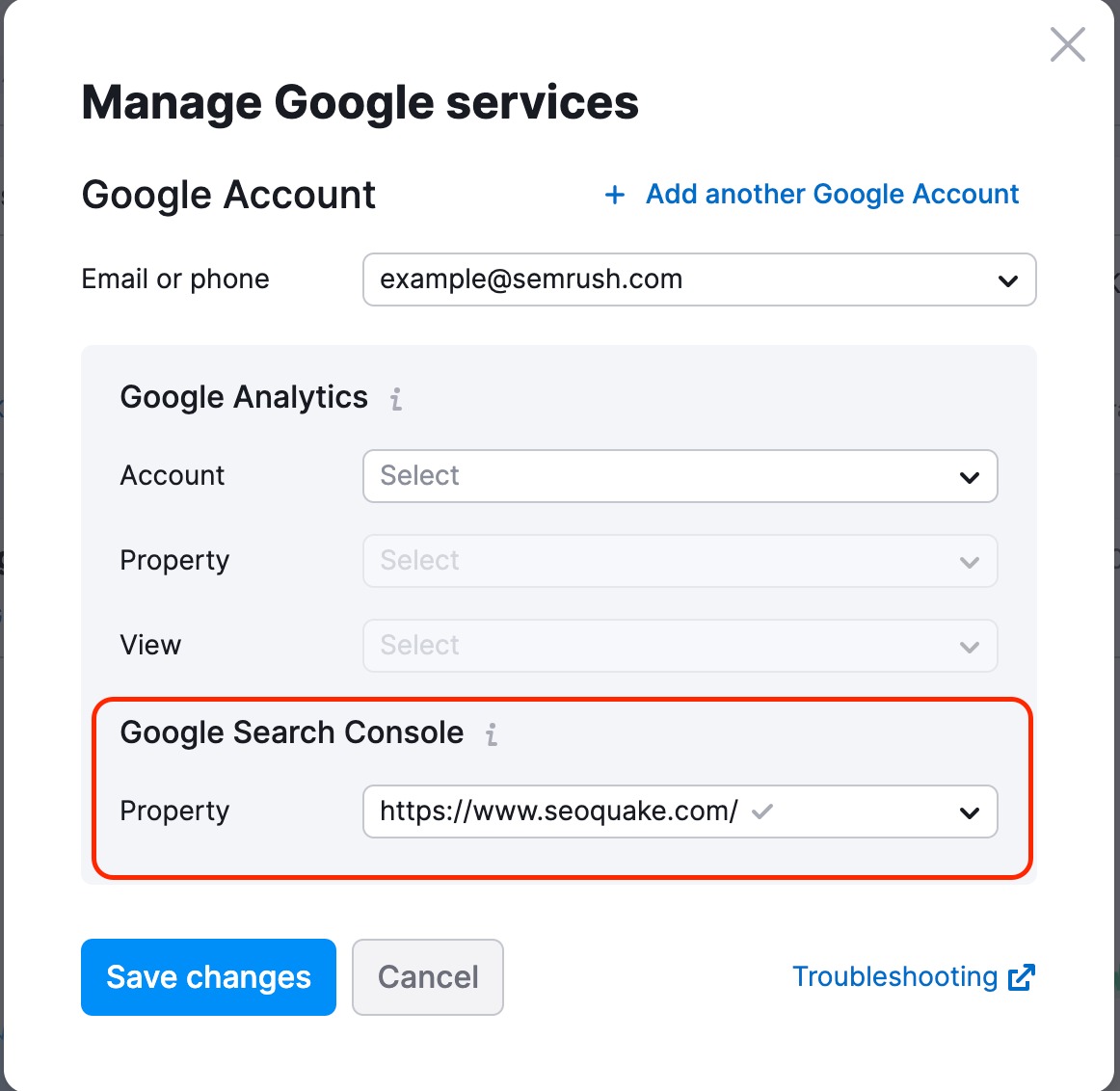 Google Accounts connection wizard with a red rectangle highlighting the Google Search Console property. 