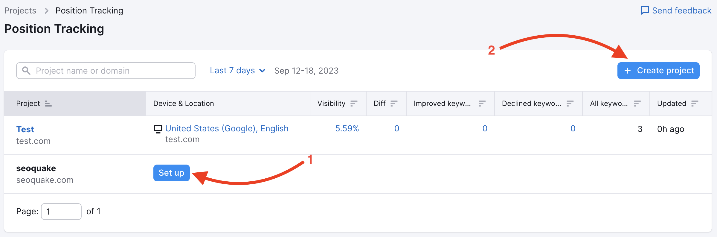 Páginas de projetos do Monitoramento de posição. Uma seta vermelha aponta para a opção Configurar, disponível para um projeto da Semrush existente, enquanto a segunda seta aponta para o botão azul Criar projeto no lado direito da tela. As duas setas apresentam as opções de configuração do Monitoramento de posição.