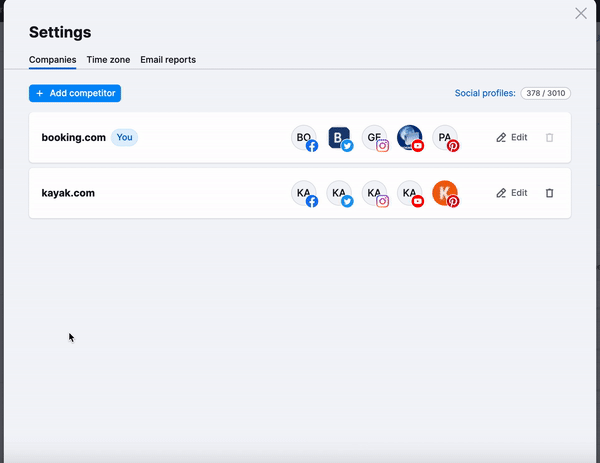 Social Tracker settings widget with an example how to add competitors.