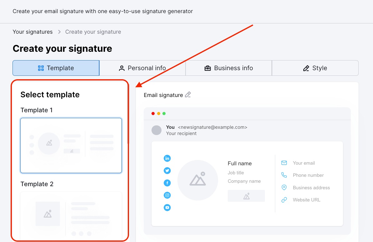 Select a free email signature template using the Email Signature Generator app.