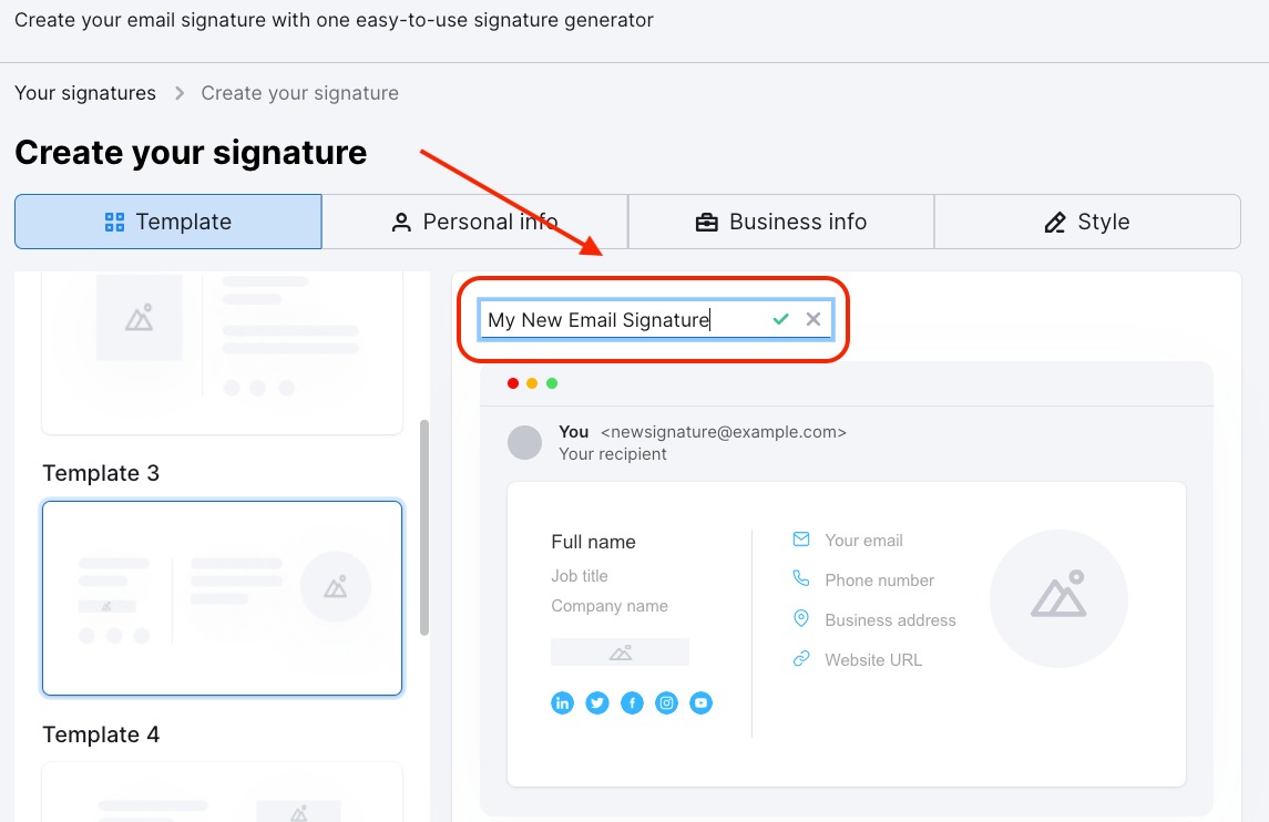 How to name your email signatures in the Email Signature Generator app.