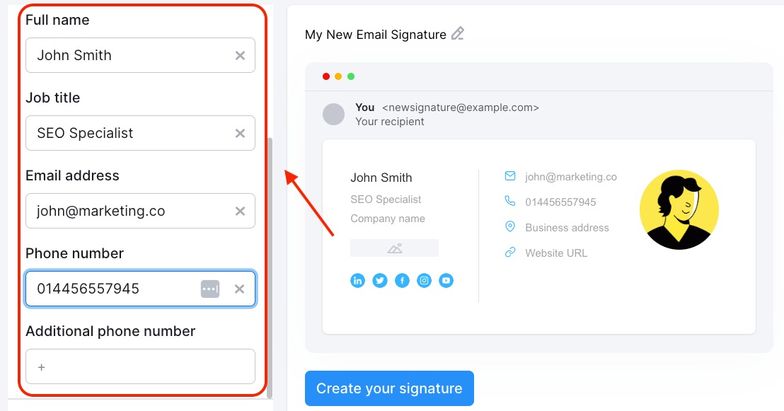 Enter your name, job title, email address, and phone number in the Email Signature Generator app.