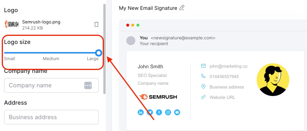 Easily adjust the size of your company logo in the business info tab of the Email Signature Generator app.