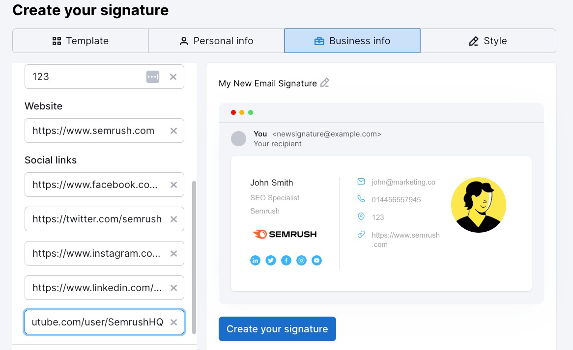 Click on the Create your signature button to create the signature.