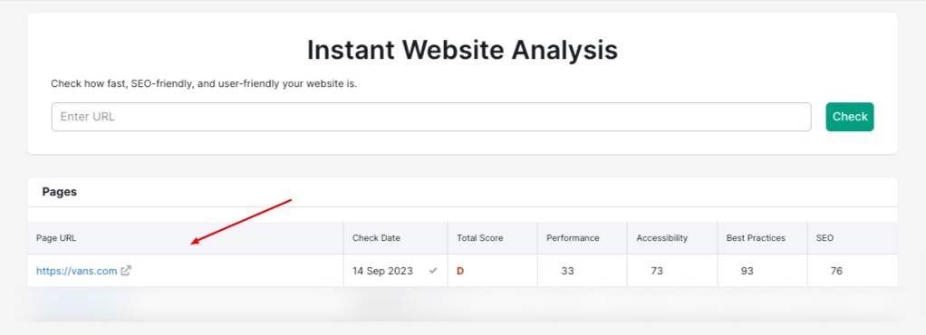 Once results have generated, you can click on the site URL from the homepage to be taken to the expanded results. 