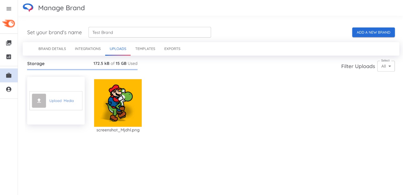 Brand Management's Uploads tab, showing the Upload Media button.