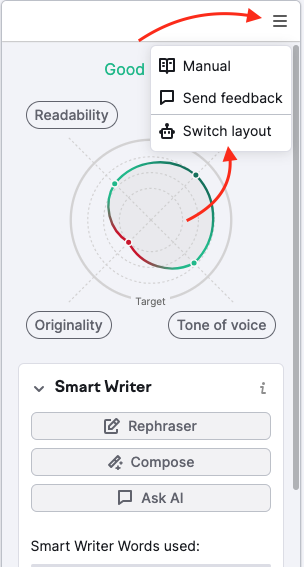 Instructions expliquant comment changer la mise en page. Une première flèche pointe vers le bouton du menu dans le coin supérieur droit de l’outil. Une deuxième flèche pointe vers le bouton « Changer la mise en page ». 