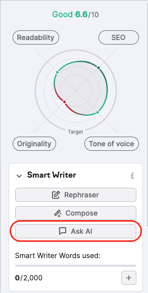 The Ask AI feature is found under the 'Smart Writer Words' section, it is highlighted with a red rectangle. 