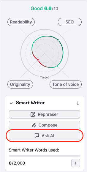 La fonctionnalité « Demander à l’IA » qui se trouve dans la section Smart Writer Words est mise en évidence par un rectangle rouge. 