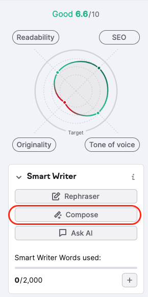 A função "Compor com IA" está disponível na seção "Smart Writer Words". Ela está destacada com um retângulo vermelho.