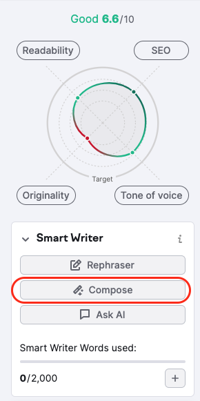 La función Redactar con IA se encuentra en la sección "Smart Writer Words". Está resaltado con un rectángulo rojo.